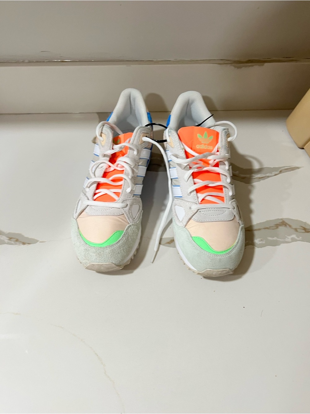 adidas Men's size 11.5 ZX 750 Sneakers in White, Blue, Neon Orange & Green
